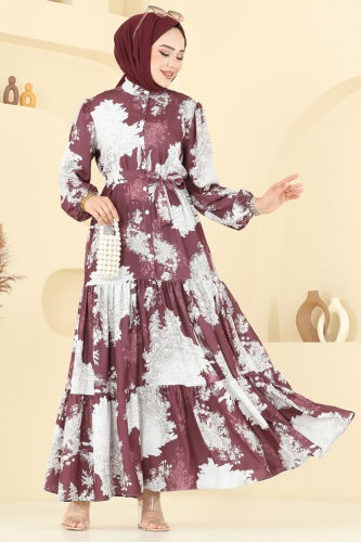 moda selvim Yarım Düğmeli Desenli Elbise 4458BRZ597 Desen1 Mürdüm - Thumbnail