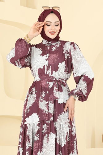 moda selvim Yarım Düğmeli Desenli Elbise 4458BRZ597 Desen1 Mürdüm - Thumbnail
