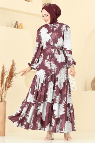 moda selvim Yarım Düğmeli Desenli Elbise 4458BRZ597 Desen1 Mürdüm - Thumbnail
