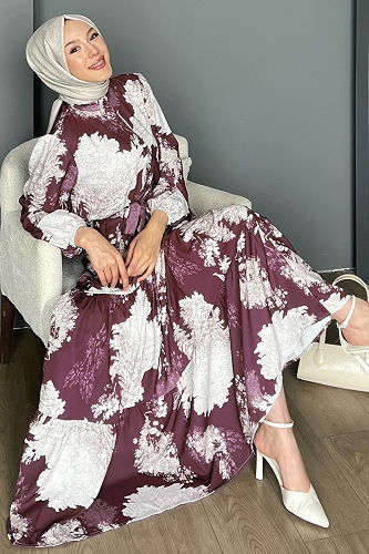 moda selvim Yarım Düğmeli Desenli Elbise 4458BRZ597 Desen1 Mürdüm - Thumbnail