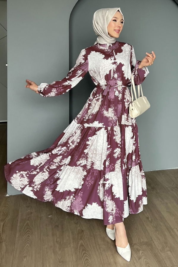 Modaselvim Elbise Yarım Düğmeli Desenli Elbise 4458BRZ597 Desen1 Mürdüm