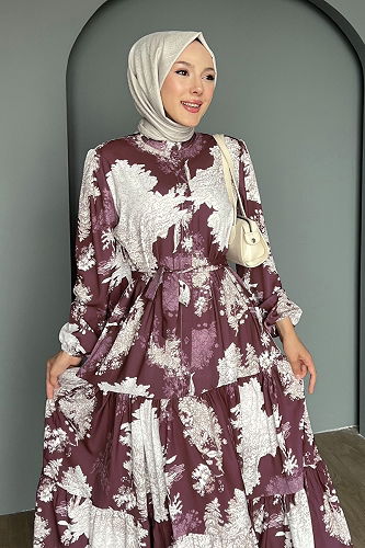 moda selvim Yarım Düğmeli Desenli Elbise 4458BRZ597 Desen1 Mürdüm - Thumbnail