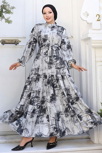 moda selvim Yarım Düğmeli Desenli Elbise 4458BRZ597 Desen2 Siyah - Thumbnail