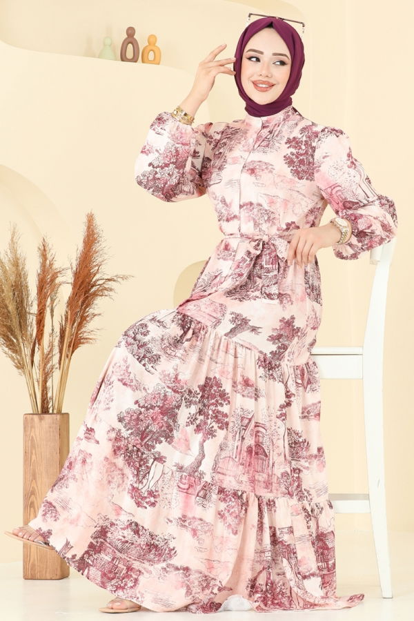 Modaselvim Elbise Yarım Düğmeli Desenli Elbise 4458BRZ597 Desen3 Fuşya