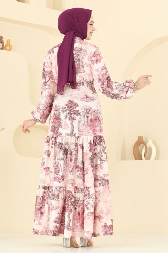 moda selvim Yarım Düğmeli Desenli Elbise 4458BRZ597 Desen3 Fuşya - Thumbnail