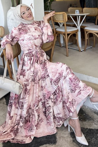 B.R.Z - Yarım Düğmeli Desenli Elbise 4458BRZ597 Desen3 Fuşya