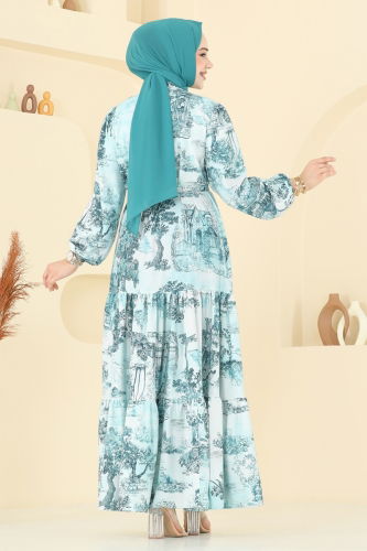 moda selvim Yarım Düğmeli Desenli Elbise 4458BRZ597 Desen3 Mavi - Thumbnail
