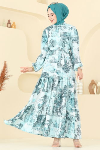 moda selvim Yarım Düğmeli Desenli Elbise 4458BRZ597 Desen3 Mavi - Thumbnail