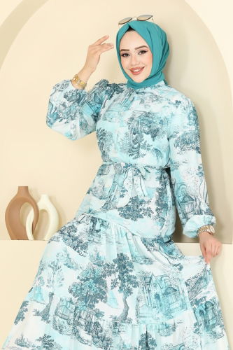moda selvim Yarım Düğmeli Desenli Elbise 4458BRZ597 Desen3 Mavi - Thumbnail