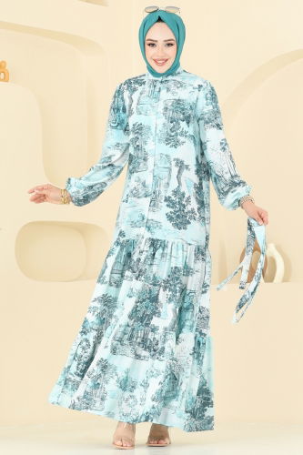 moda selvim Yarım Düğmeli Desenli Elbise 4458BRZ597 Desen3 Mavi - Thumbnail