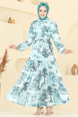 moda selvim Yarım Düğmeli Desenli Elbise 4458BRZ597 Desen3 Mavi - Thumbnail