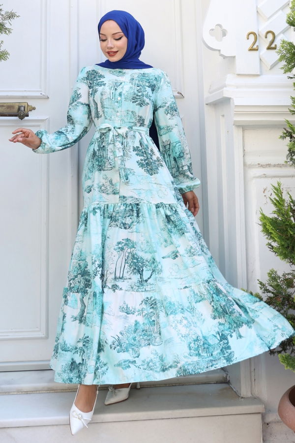 Modaselvim Elbise Yarım Düğmeli Desenli Elbise 4458BRZ597 Desen3 Mavi