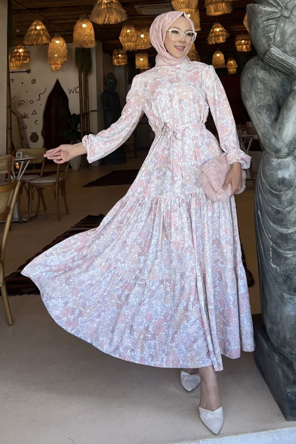 Modaselvim Elbise Yarım Düğmeli Desenli Elbise 502BRZK1151 Pudra
