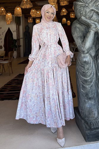 moda selvim Yarım Düğmeli Desenli Elbise 502BRZK1151 Pudra - Thumbnail