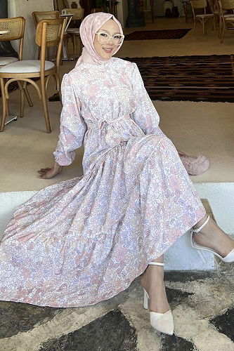 moda selvim Yarım Düğmeli Desenli Elbise 502BRZK1151 Pudra - Thumbnail