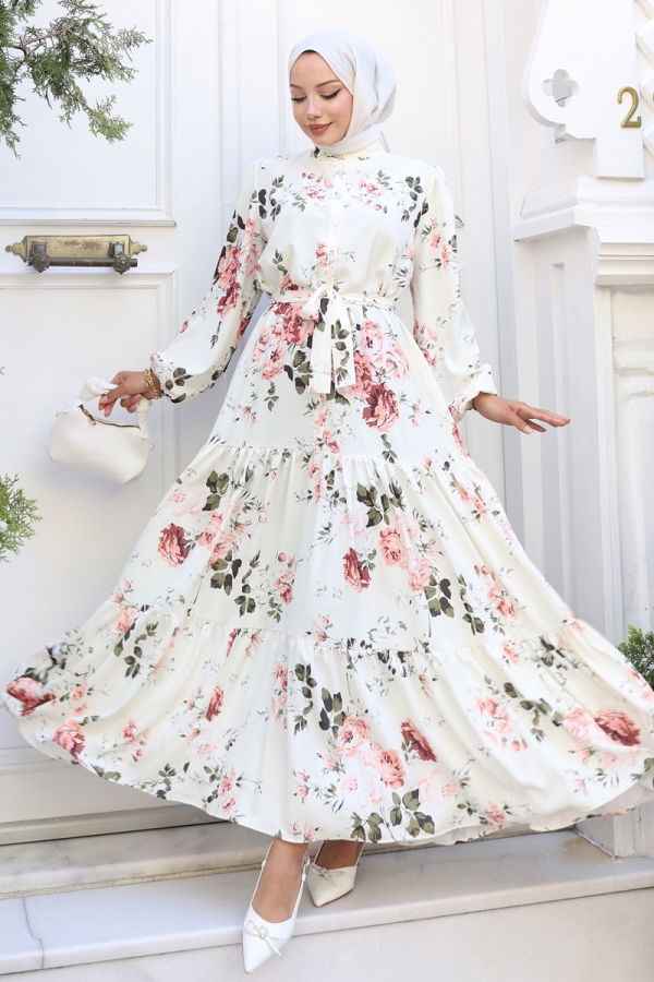 Modaselvim Elbise Yarım Düğmeli Desenli Elbise 517BRZK1151 Ekru
