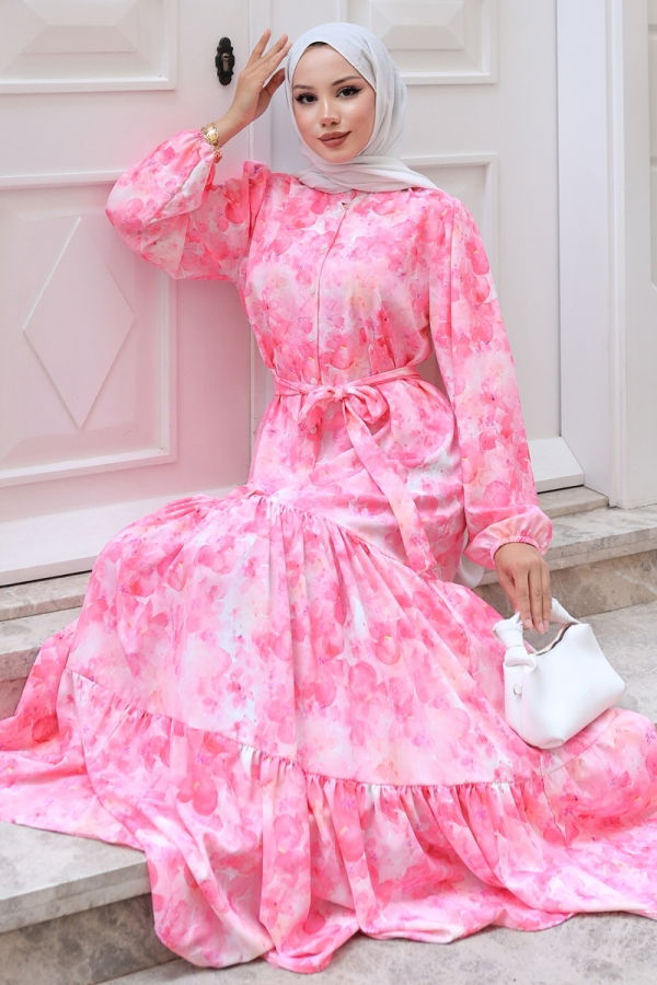 Modaselvim Elbise Yarım Düğmeli Desenli Elbise 525BRZK1151 Pembe