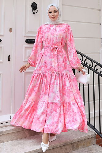 moda selvim Yarım Düğmeli Desenli Elbise 525BRZK1151 Pembe - Thumbnail