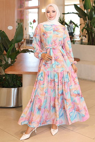 moda selvim Yarım Düğmeli Desenli Elbise 560BRZK1151 Pembe - Thumbnail