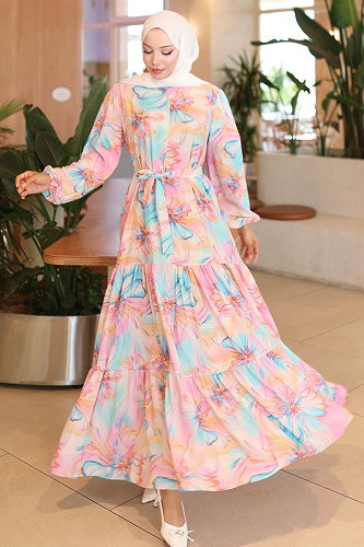 moda selvim Yarım Düğmeli Desenli Elbise 560BRZK1151 Pembe - Thumbnail