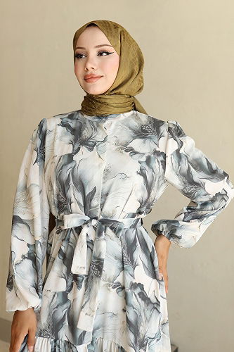 moda selvim Yarım Düğmeli Desenli Elbise 561BRZK1151 Haki - Thumbnail