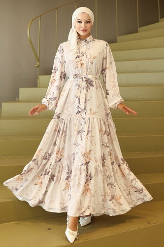 moda selvim Yarım Düğmeli Desenli Elbise 562BRZK1151 Bej - Thumbnail