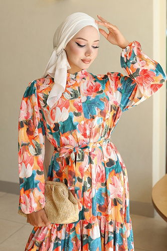 moda selvim Yarım Düğmeli Desenli Elbise 564BRZK1151 Oranj - Thumbnail