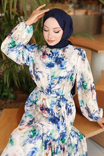 moda selvim Yarım Düğmeli Desenli Elbise 565BRZK1151 Desen2 Laci - Thumbnail