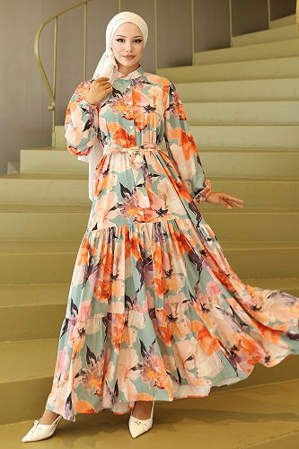 moda selvim Yarım Düğmeli Desenli Elbise 565BRZK1151 Desen3 Oranj - Thumbnail