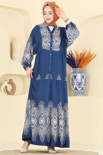 moda selvim Yarım Düğmeli Desenli Viskon Elbise 5575ZNNK1102 İndigo - Thumbnail