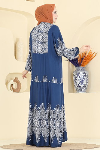 moda selvim Yarım Düğmeli Desenli Viskon Elbise 5575ZNNK1102 İndigo - Thumbnail