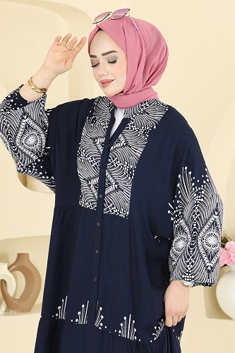 moda selvim Yarım Düğmeli Desenli Viskon Elbise 5575ZNNK1102 Laci - Thumbnail