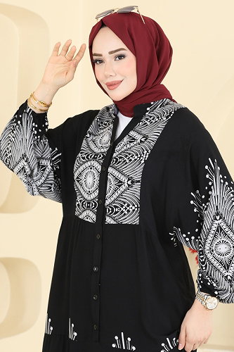 moda selvim Yarım Düğmeli Desenli Viskon Elbise 5575ZNNK1102 Siyah - Thumbnail