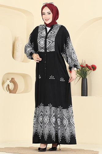 moda selvim Yarım Düğmeli Desenli Viskon Elbise 5575ZNNK1102 Siyah - Thumbnail