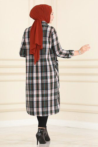 moda selvim Yarım Düğmeli Ekose Tunik 2270BLU797 Zümrüt&Laci - Thumbnail