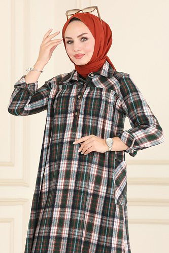 moda selvim Yarım Düğmeli Ekose Tunik 2270BLU797 Zümrüt&Laci - Thumbnail
