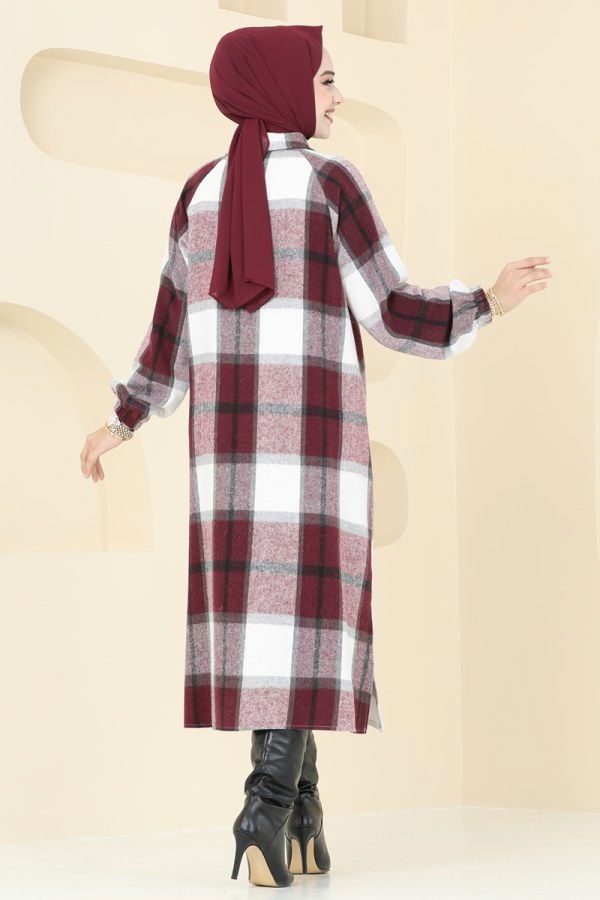 Yarım Düğmeli Ekose Tunik 9003S324 Bordo - 4