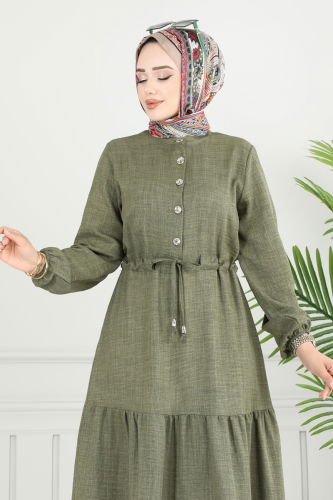 moda selvim Yarım Düğmeli Elbise 024MR1078 Haki - Thumbnail