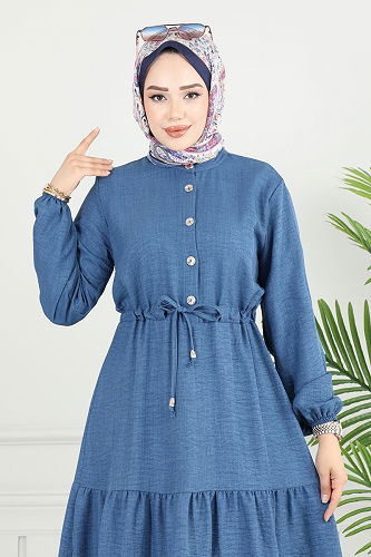 moda selvim Yarım Düğmeli Elbise 024MR1078 İndigo - Thumbnail