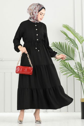moda selvim Yarım Düğmeli Elbise 024MR1078 Siyah - Thumbnail