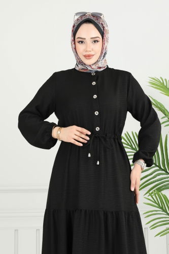 moda selvim Yarım Düğmeli Elbise 024MR1078 Siyah - Thumbnail