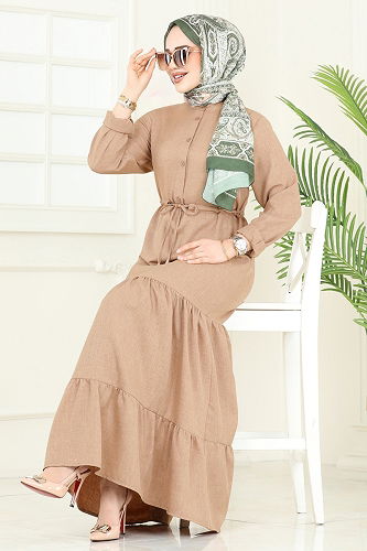 moda selvim Yarım Düğmeli Elbise 3049KTR750 Açık Kahve - Thumbnail