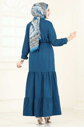 moda selvim Yarım Düğmeli Elbise 3049KTR750 Petrol - Thumbnail