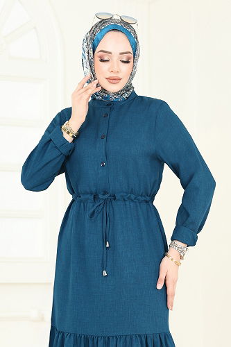 moda selvim Yarım Düğmeli Elbise 3049KTR750 Petrol - Thumbnail