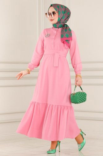 moda selvim Yarım Düğmeli Eteği Fırfırlı Elbise 2020MRT754 Pembe - Thumbnail
