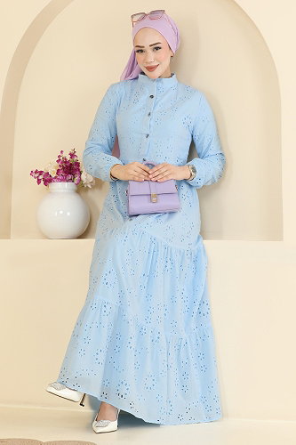 moda selvim Yarım Düğmeli Fisto Elbise 6162ORG1169 Bebe Mavisi - Thumbnail