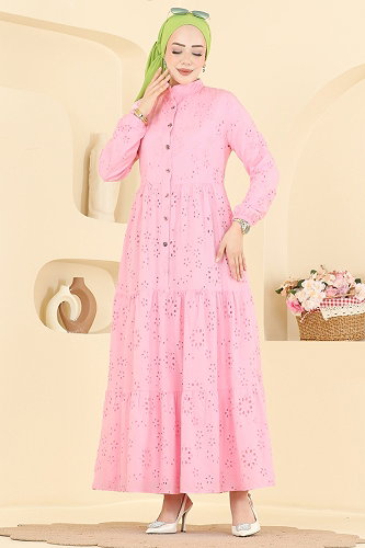 moda selvim Yarım Düğmeli Fisto Elbise 6162ORG1169 Pembe - Thumbnail
