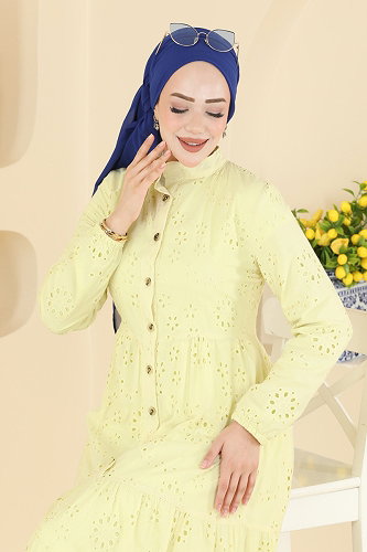 moda selvim Yarım Düğmeli Fisto Elbise 6162ORG1169 Sarı - Thumbnail
