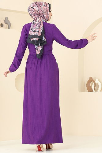 moda selvim Yarım Düğmeli Kemerli Elbise 4040PM271 Mor - Thumbnail