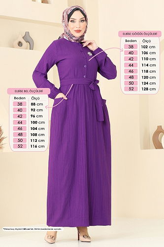moda selvim Yarım Düğmeli Kemerli Elbise 4040PM271 Mor - Thumbnail